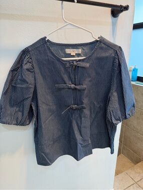 LOFT Navy and White Striped Bow-Front Top